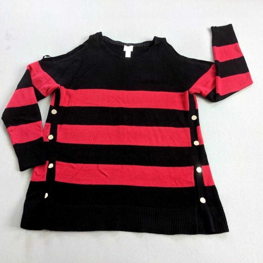 CHICO’S 2 Size L Women Striped Cold Shoulder Sweater Black Red Round Neck Chunky